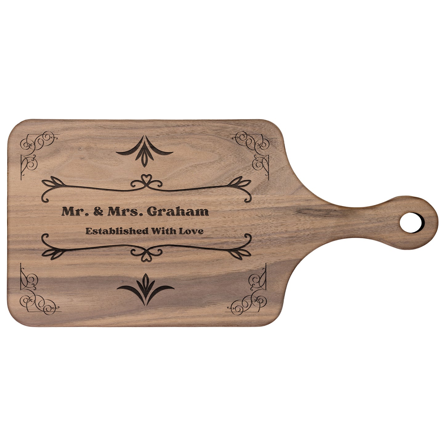 Tabla de cortar de madera personalizada con grabado "Establecido con amor"