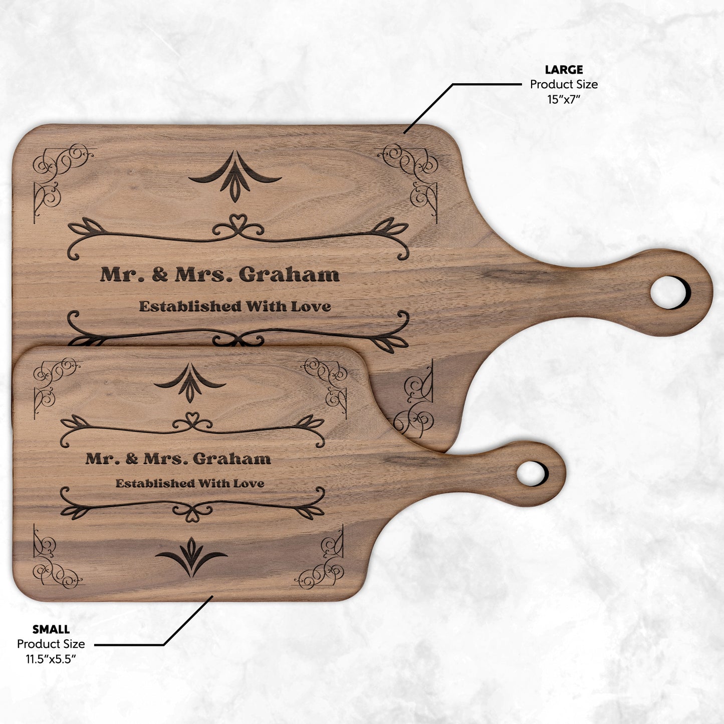 Tabla de cortar de madera personalizada con grabado "Establecido con amor"