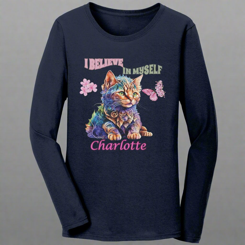 Personalized and Inspirational"I Believe In Myself" Kitten Long-Sleeve Shirt for Her