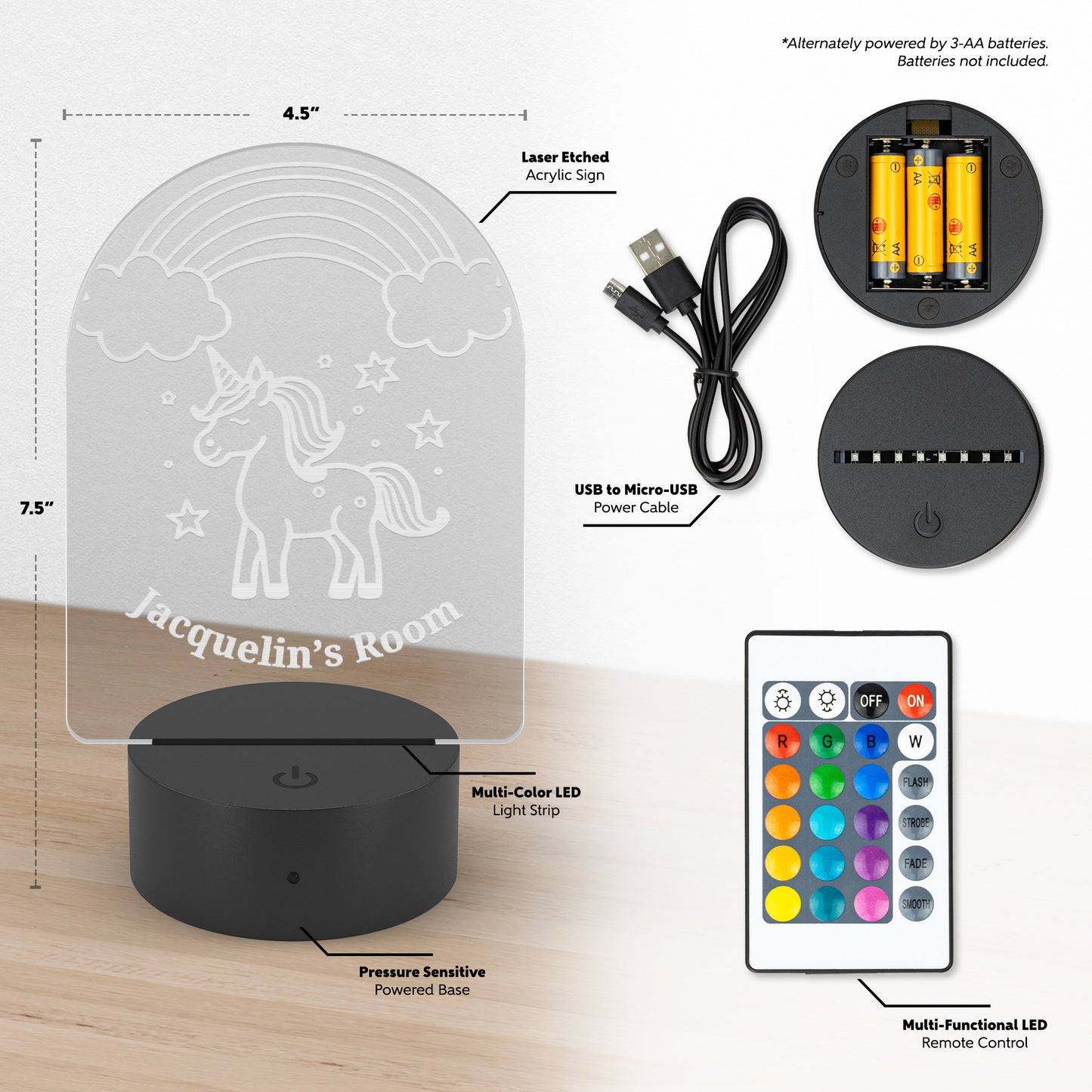 Luz nocturna acrílica de unicornio grabada con láser personalizada