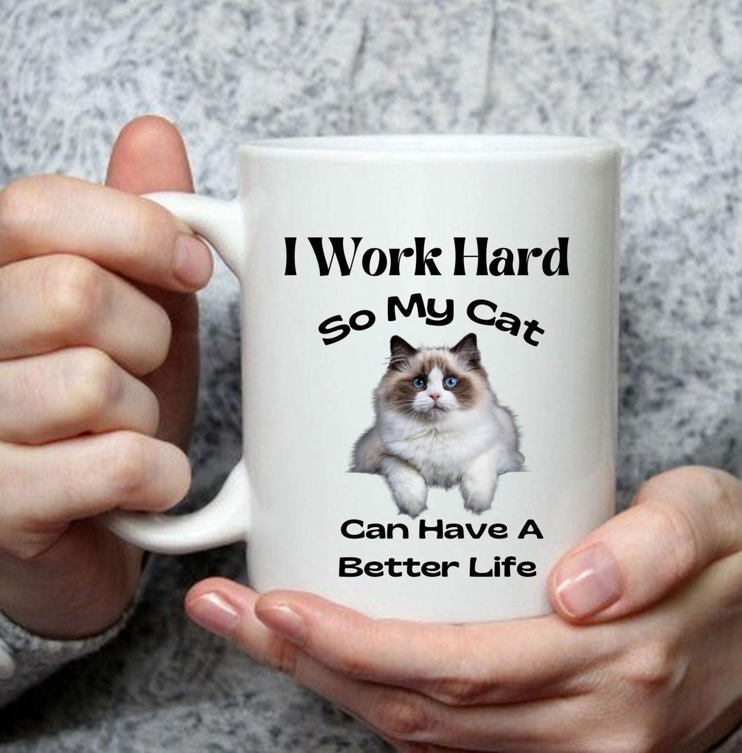 Taza personalizada con foto "Trabajo duro para que mi gato tenga una vida mejor"