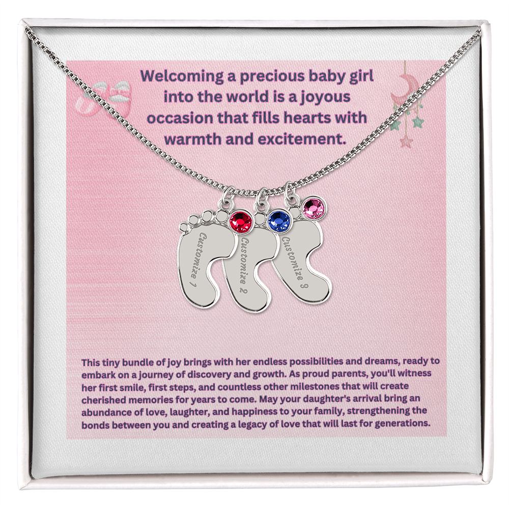 Collar personalizado "Bienvenida a una preciosa niña" con pies de bebé y piedra de nacimiento.