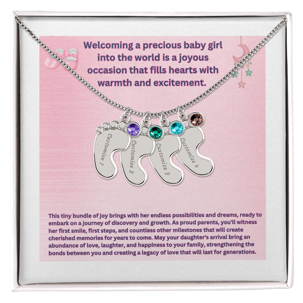 Collar personalizado "Bienvenida a una preciosa niña" con pies de bebé y piedra de nacimiento.