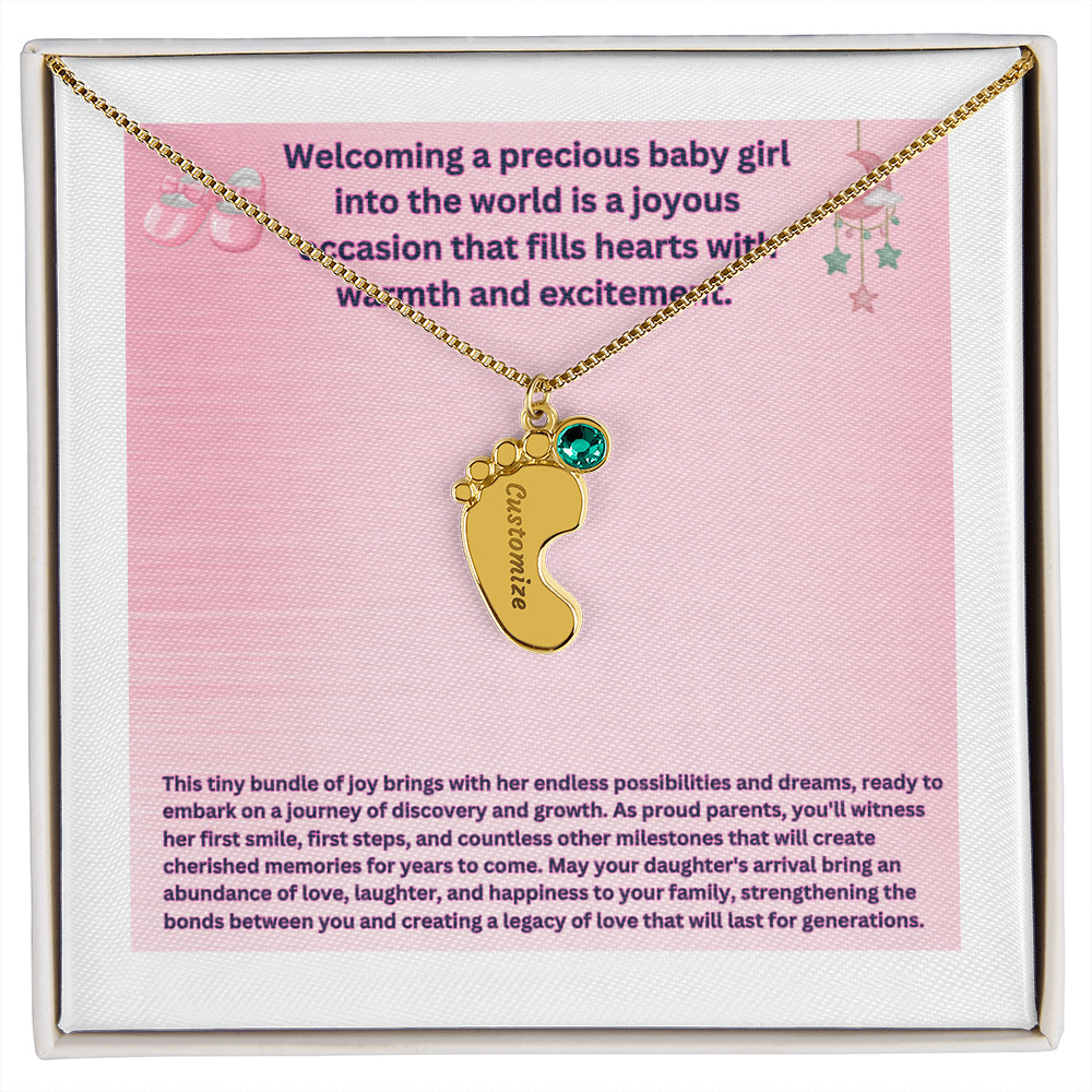 Collar personalizado "Bienvenida a una preciosa niña" con pies de bebé y piedra de nacimiento.