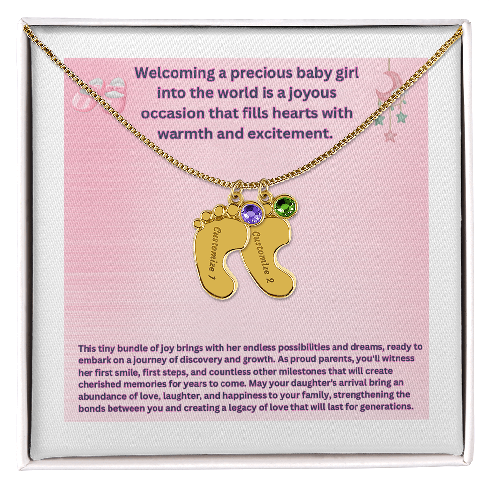 Collar personalizado "Bienvenida a una preciosa niña" con pies de bebé y piedra de nacimiento.