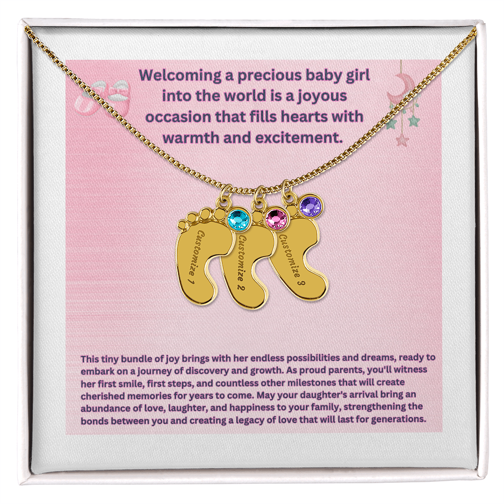 Collar personalizado "Bienvenida a una preciosa niña" con pies de bebé y piedra de nacimiento.