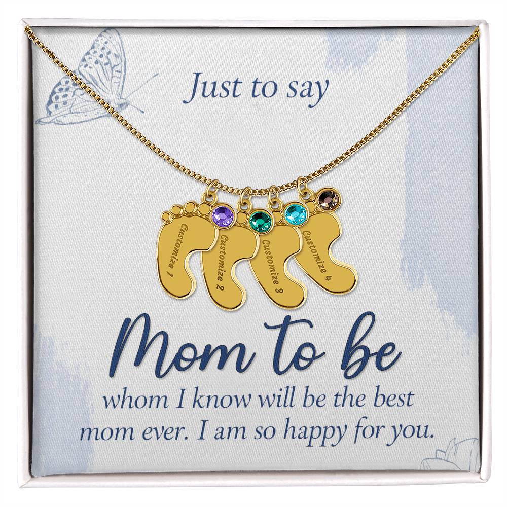 Collar personalizado "Futura Mamá" con pies de bebé grabados y piedra de nacimiento