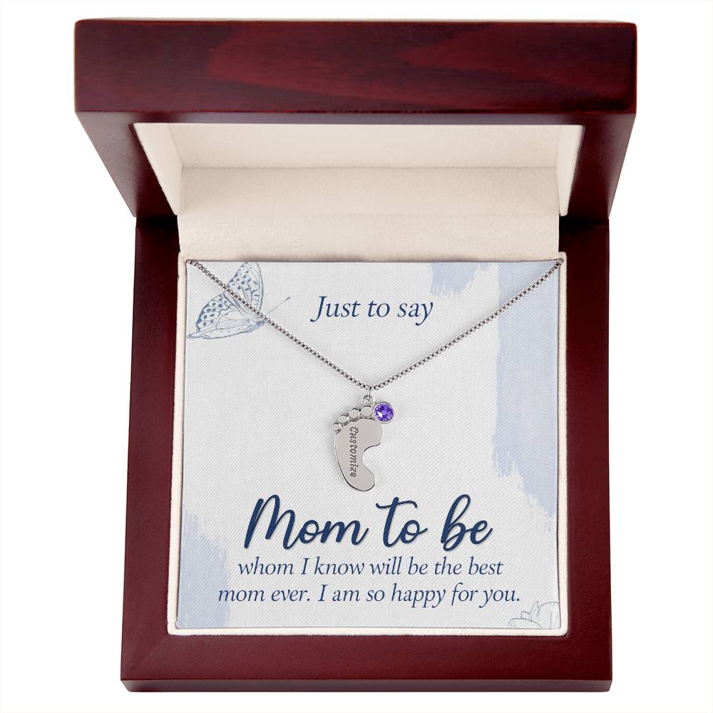 Collar personalizado "Futura Mamá" con pies de bebé grabados y piedra de nacimiento