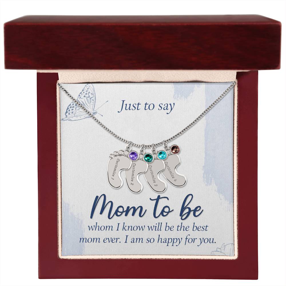 Collar personalizado "Futura Mamá" con pies de bebé grabados y piedra de nacimiento