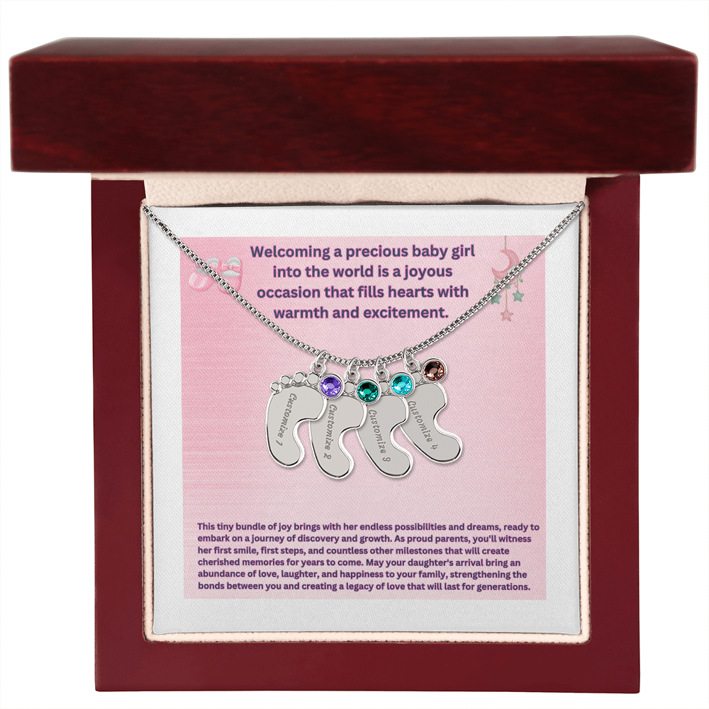 Collar personalizado "Bienvenida a una preciosa niña" con pies de bebé y piedra de nacimiento.