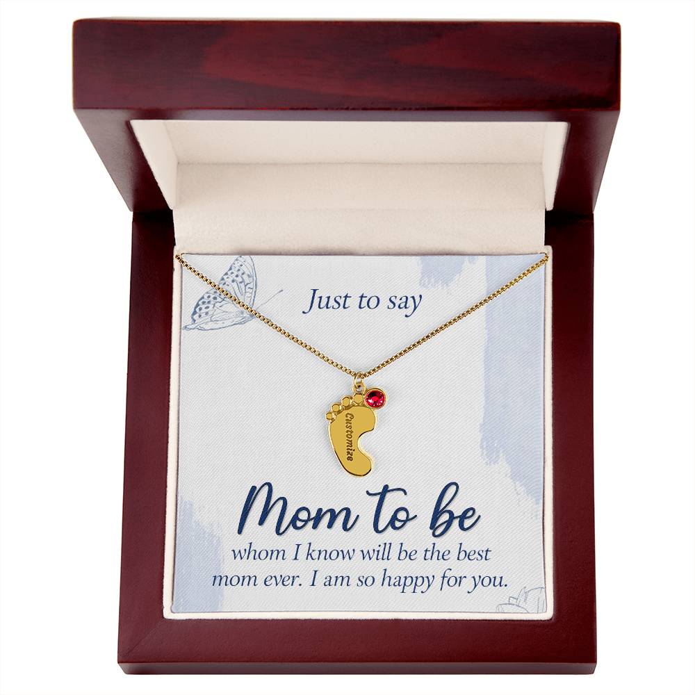 Collar personalizado "Futura Mamá" con pies de bebé grabados y piedra de nacimiento