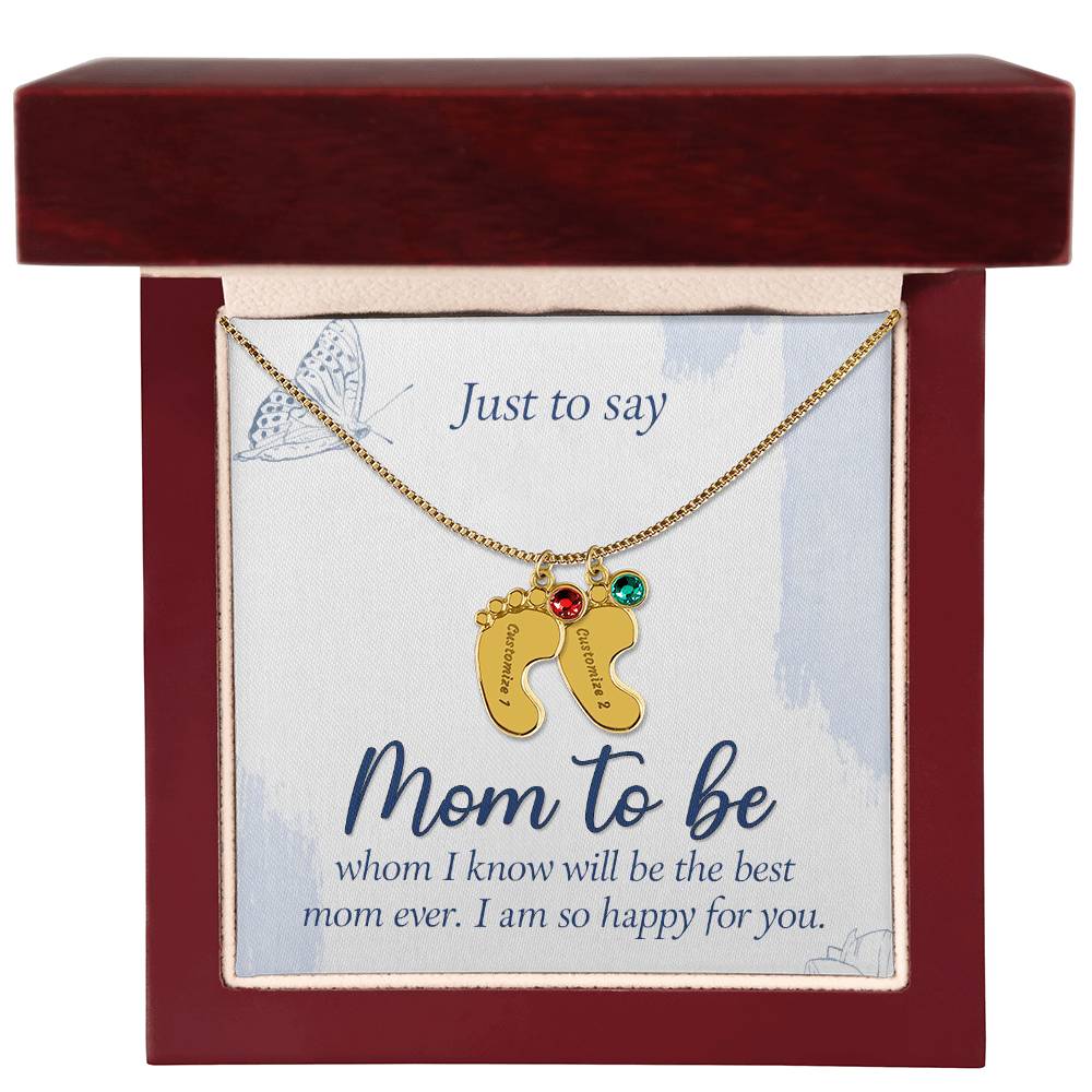 Collar personalizado "Futura Mamá" con pies de bebé grabados y piedra de nacimiento