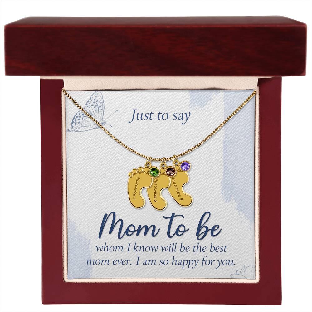 Collar personalizado "Futura Mamá" con pies de bebé grabados y piedra de nacimiento