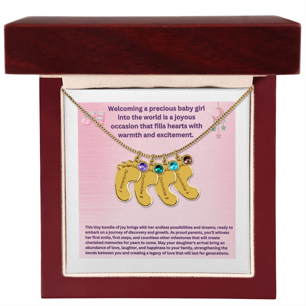 Collar personalizado "Bienvenida a una preciosa niña" con pies de bebé y piedra de nacimiento.