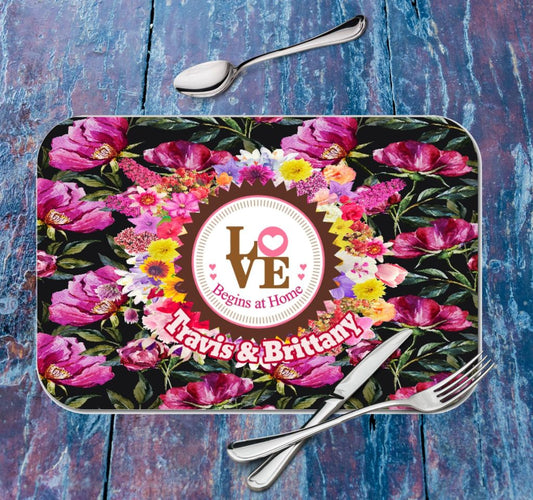 Personalized "Love Begins at Home" Large Flowery Cutting Board