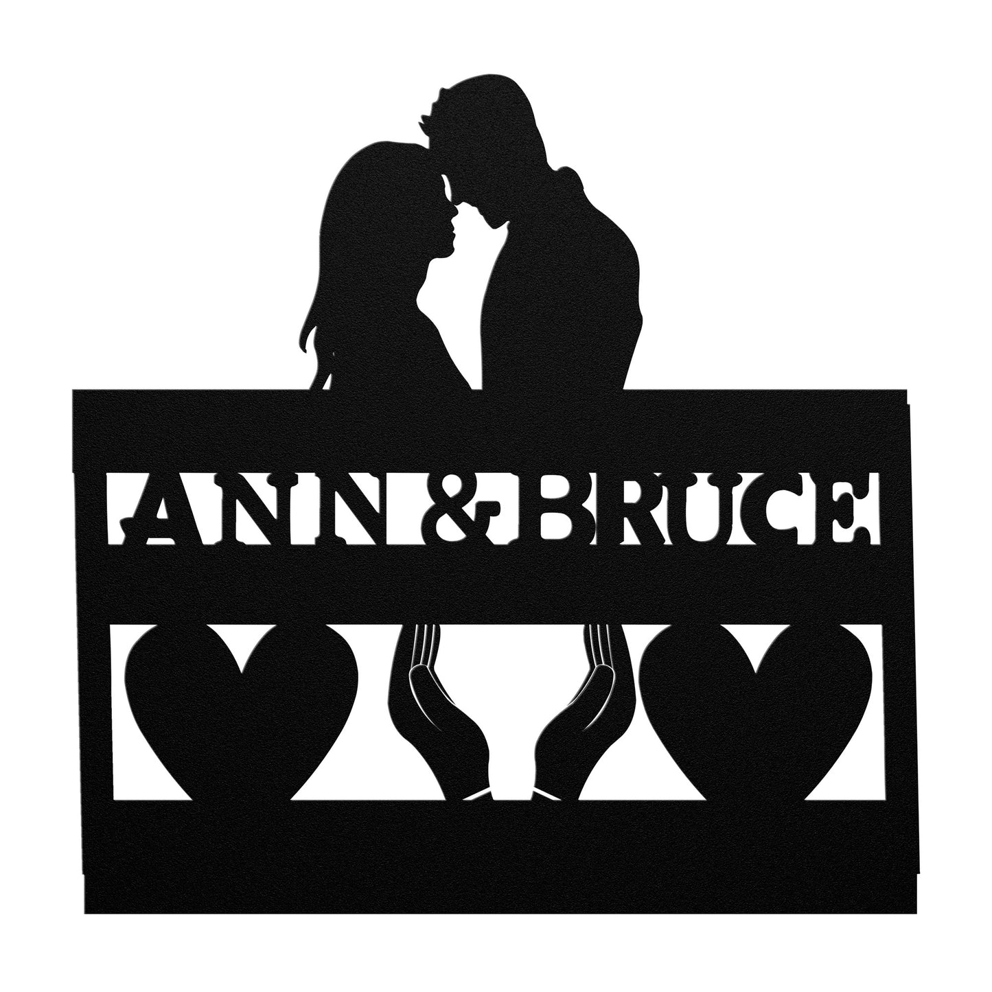 Letrero metálico troquelado de pareja personalizado con manos y corazones