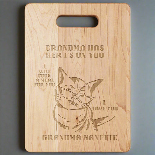 Personalized "Grandma Has Her I's On You " Hardwood Cutting Board