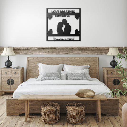 Personalized "Love Breathes Between Us" Die-Cut Metal Sign