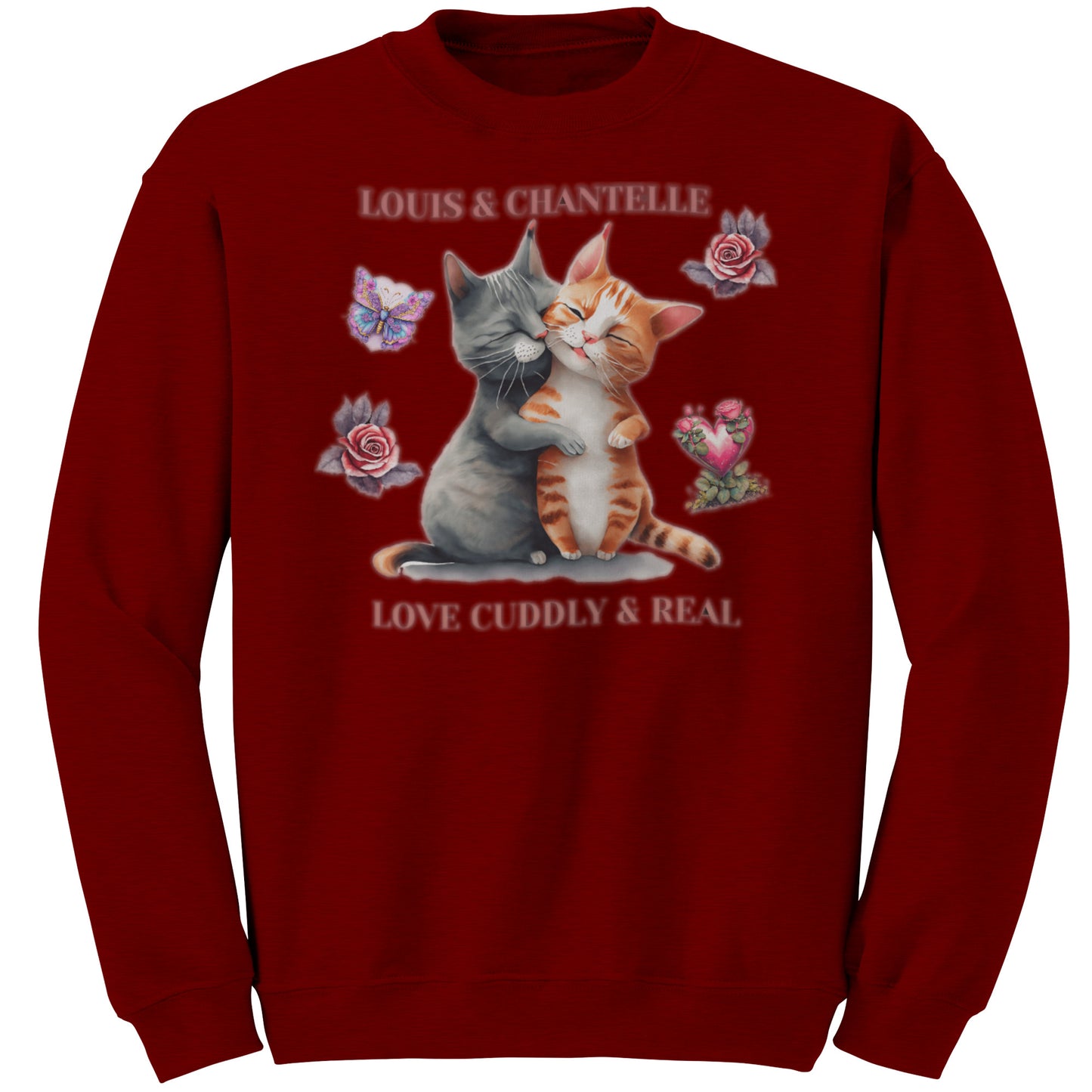 Sudadera personalizada de cuello redondo "Amor tierno y real" con dos gatitos