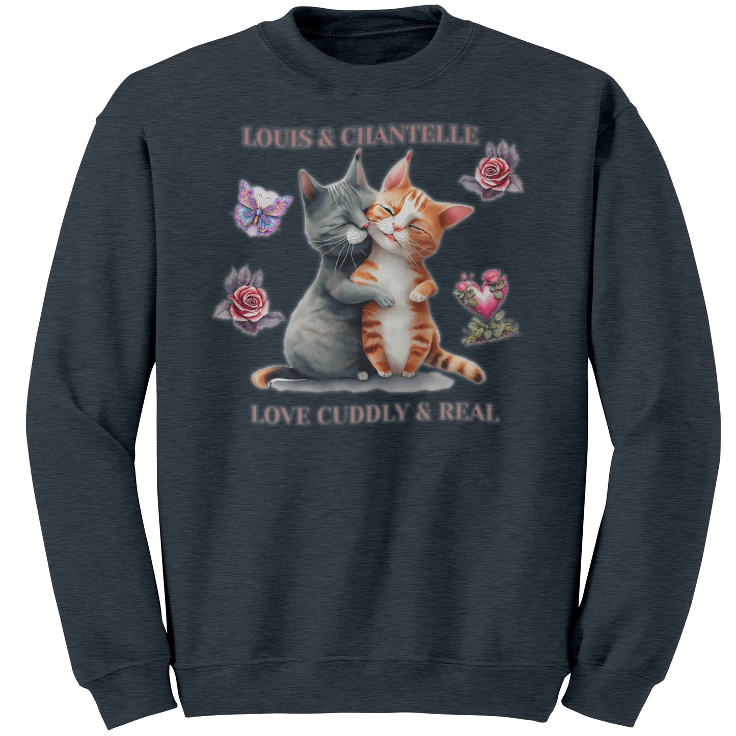 Sudadera personalizada de cuello redondo "Amor tierno y real" con dos gatitos