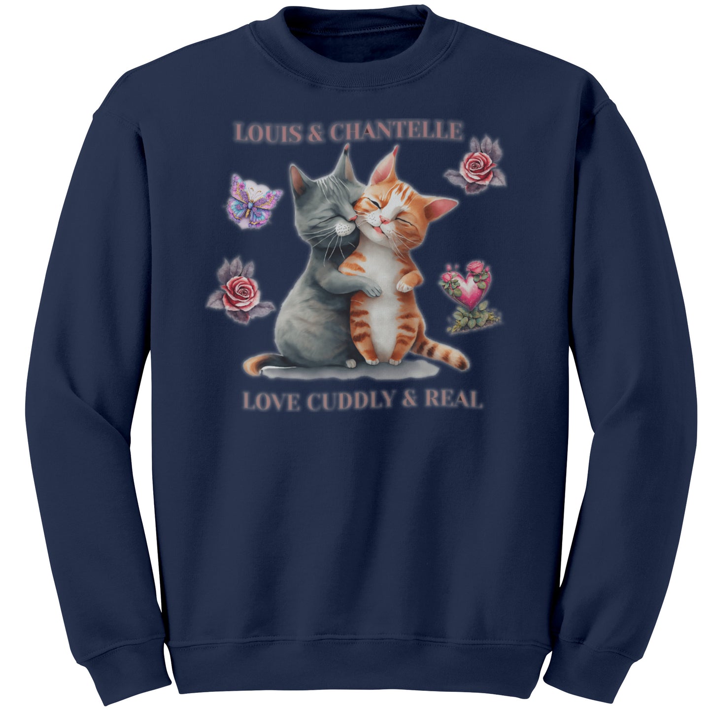 Sudadera personalizada de cuello redondo "Amor tierno y real" con dos gatitos