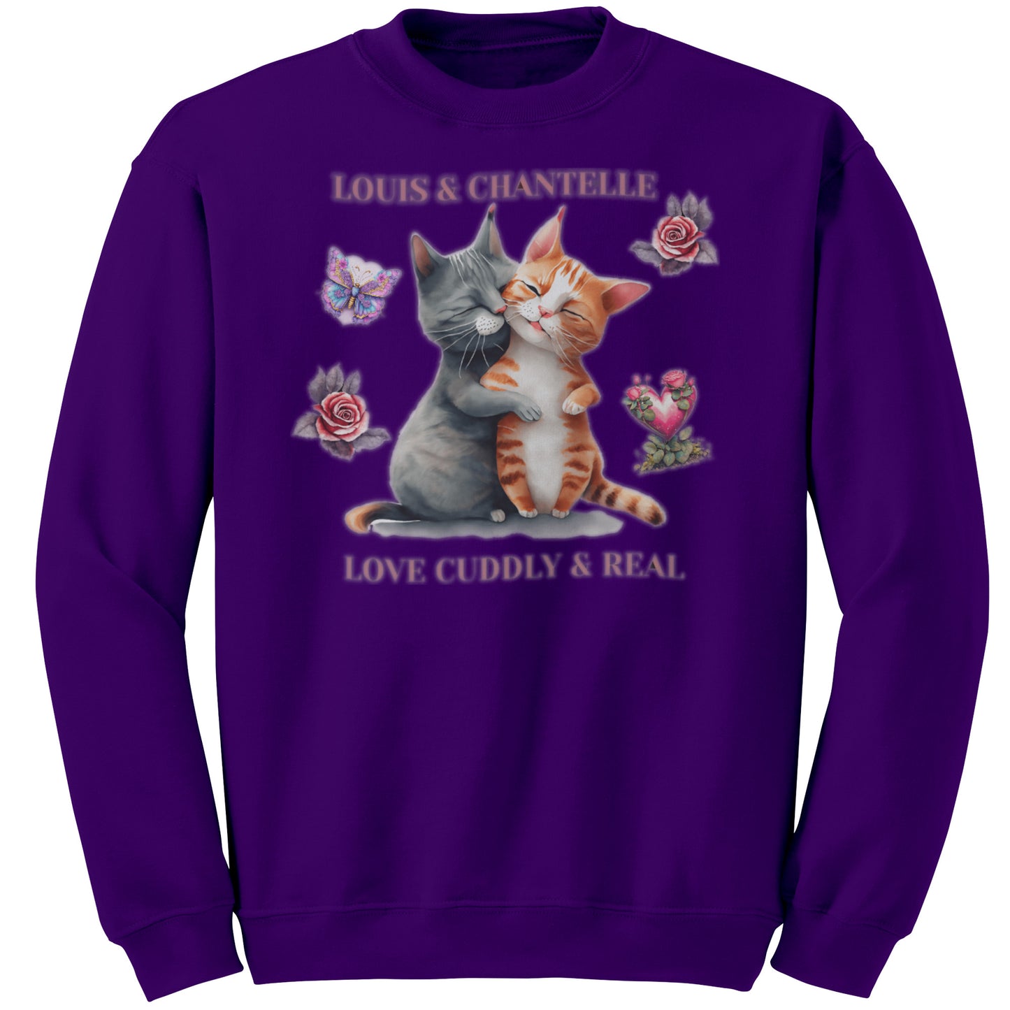 Sudadera personalizada de cuello redondo "Amor tierno y real" con dos gatitos