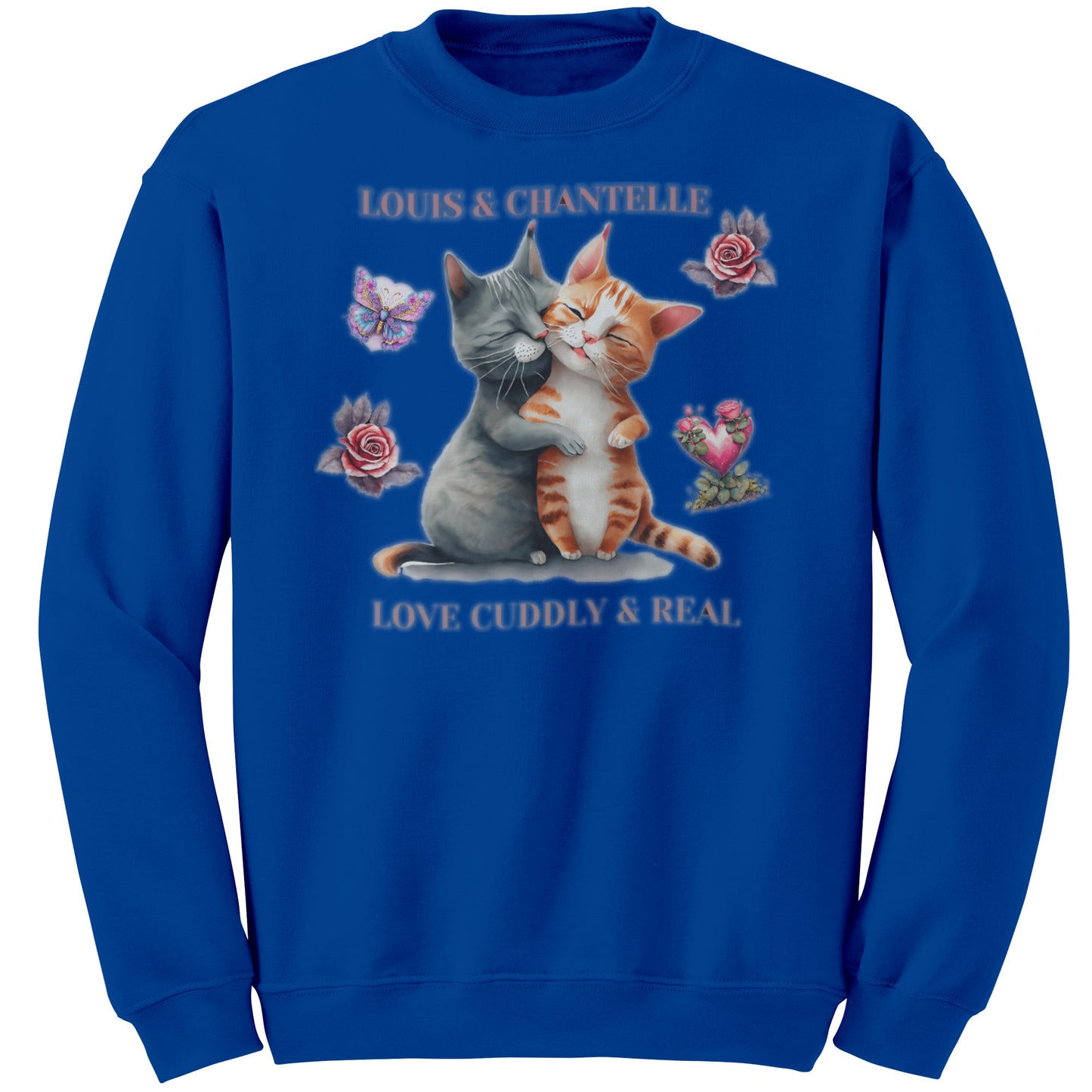 Sudadera personalizada de cuello redondo "Amor tierno y real" con dos gatitos