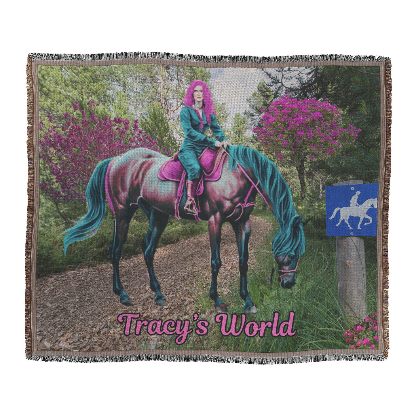 Personalized and Customized "Scenic Forest w. Horse and Female Rider "Woven Blanket