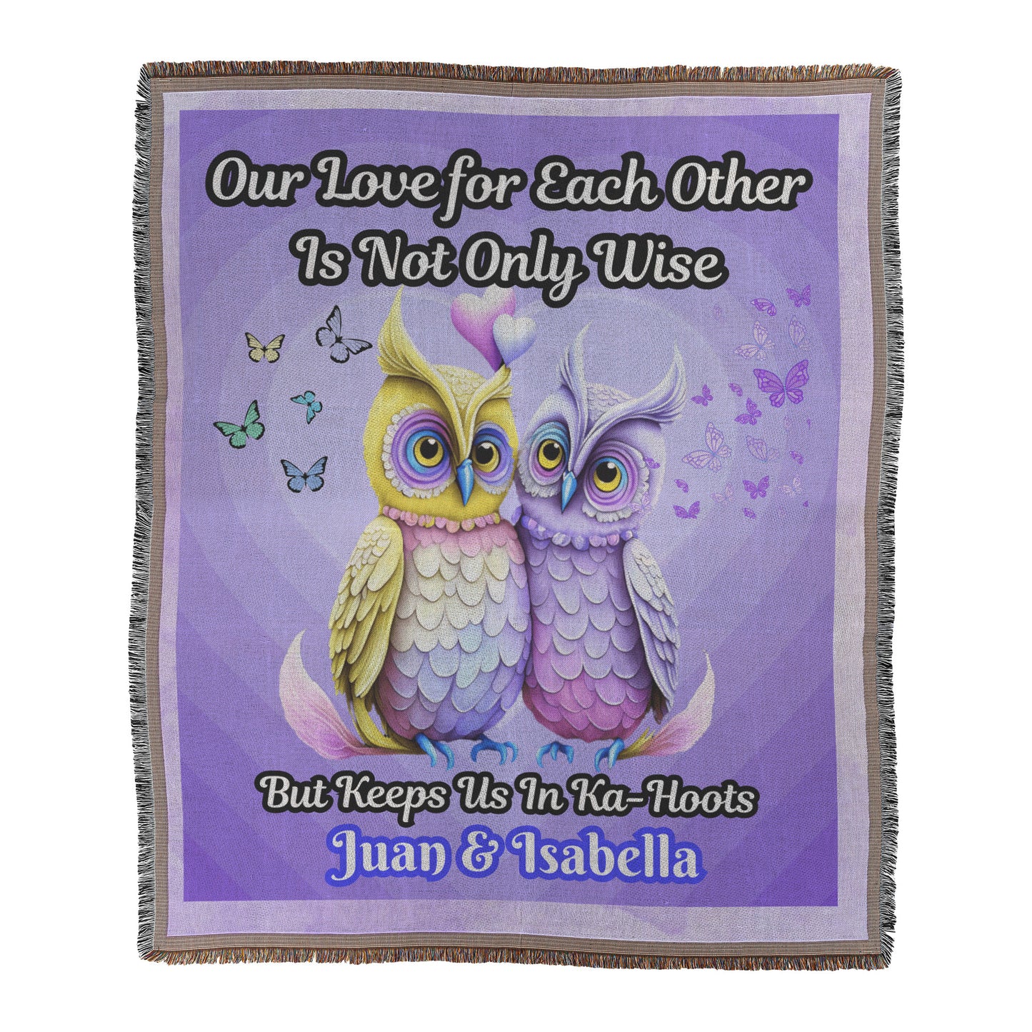 Manta tejida personalizada de 152 x 127 cm - "Nuestro amor mutuo..." con dos búhos de colores