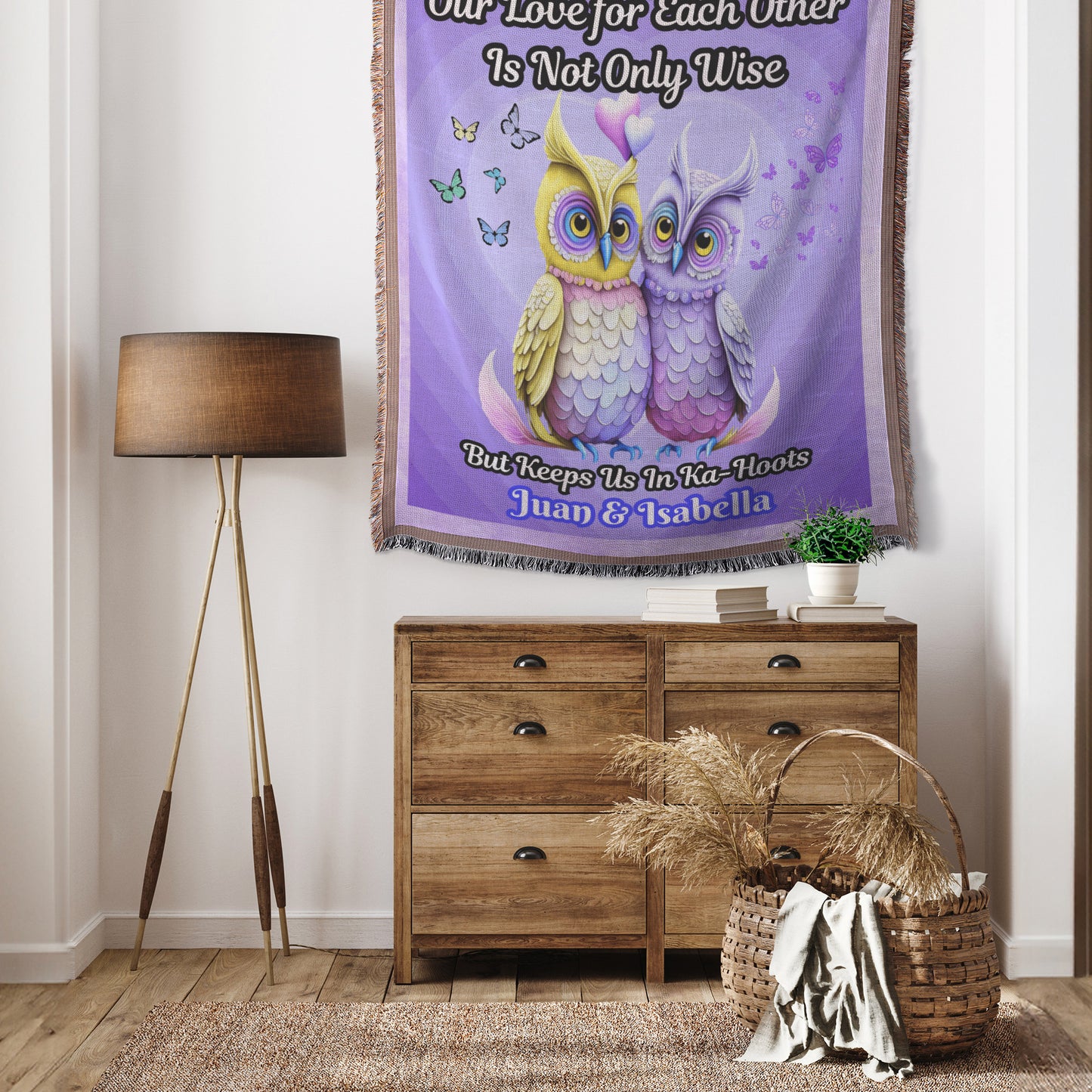 Manta tejida personalizada de 152 x 127 cm - "Nuestro amor mutuo..." con dos búhos de colores