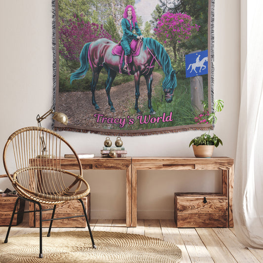 Personalized and Customized "Scenic Forest w. Horse and Female Rider "Woven Blanket