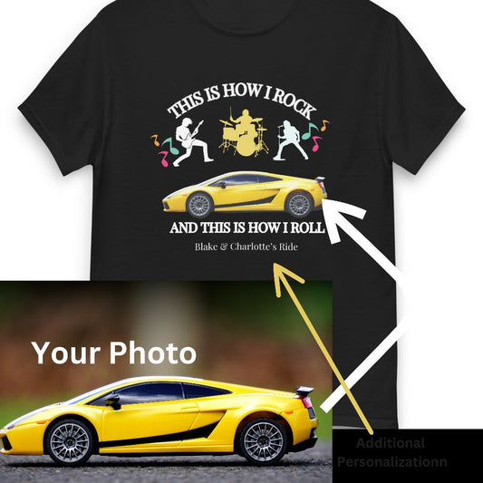 Black t-shirt with a yellow car graphic and text, featuring a yellow sports car below.