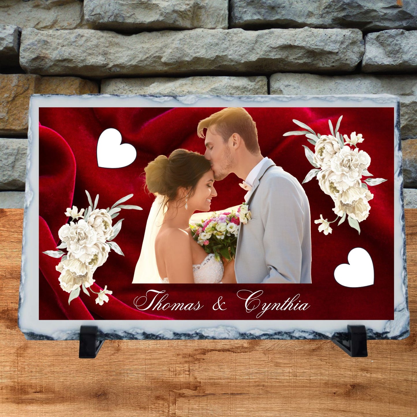 Personalized Red Velvet Floral & Hearts Photo Slate