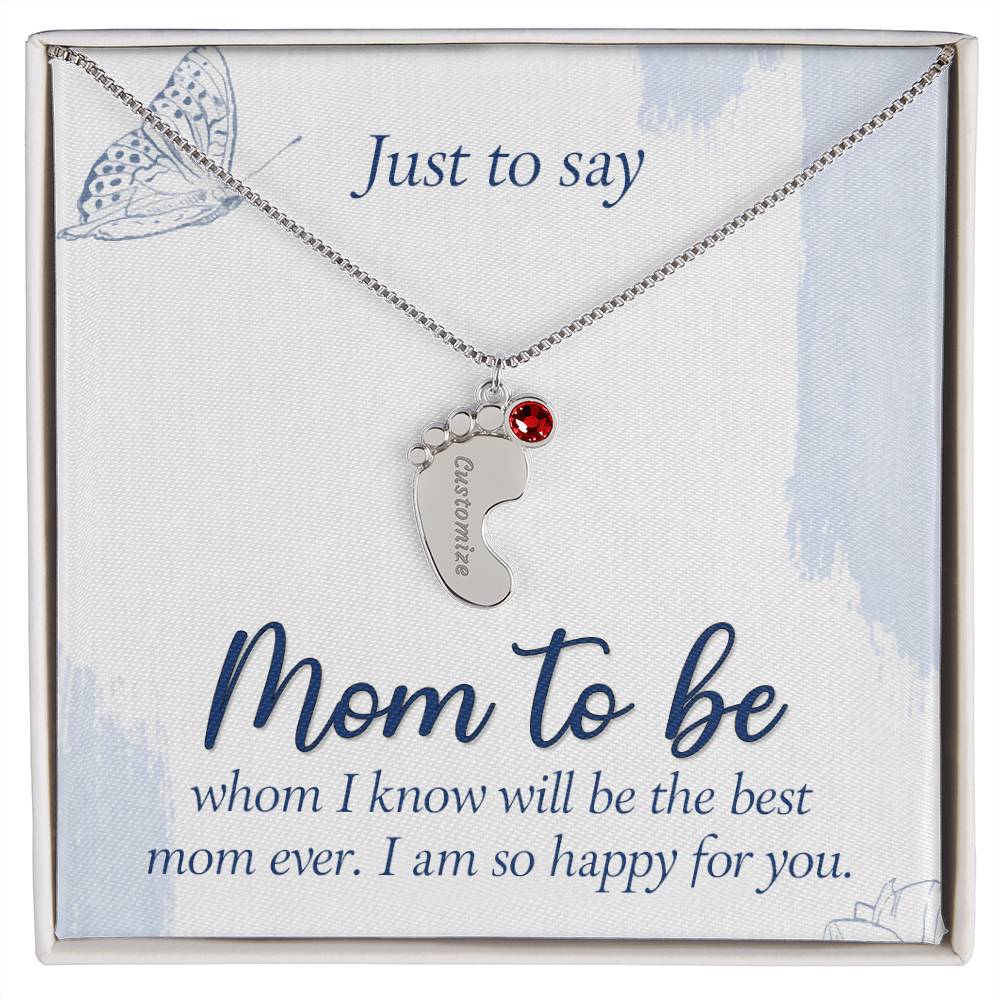 Personalized "Mom to Be" Engraved Baby Feet Necklace with Birthstone