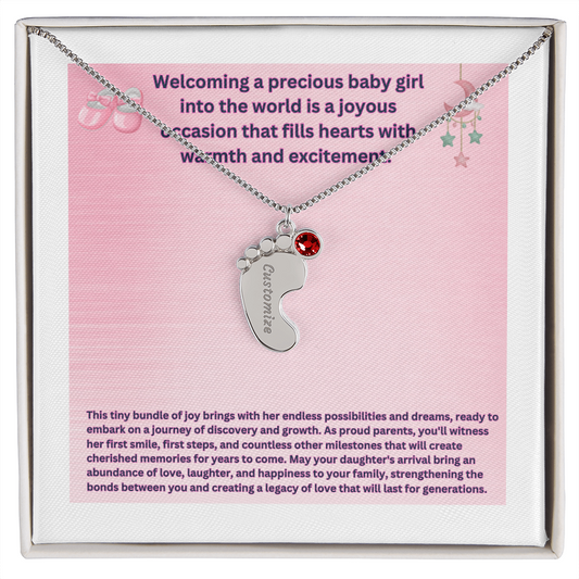 Personalized "Welcoming a Precious Baby Girl"  Custom Baby Feet Necklace with Birthstone