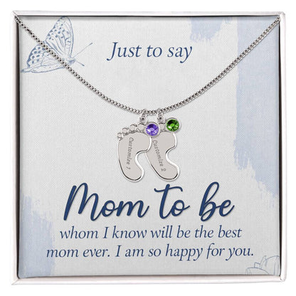 Personalized "Mom to Be" Engraved Baby Feet Necklace with Birthstone