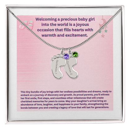 Personalized "Welcoming a Precious Baby Girl"  Custom Baby Feet Necklace with Birthstone