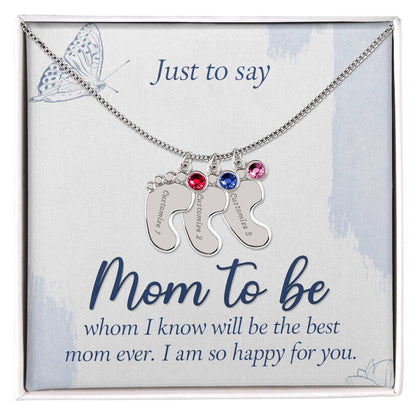 Personalized "Mom to Be" Engraved Baby Feet Necklace with Birthstone