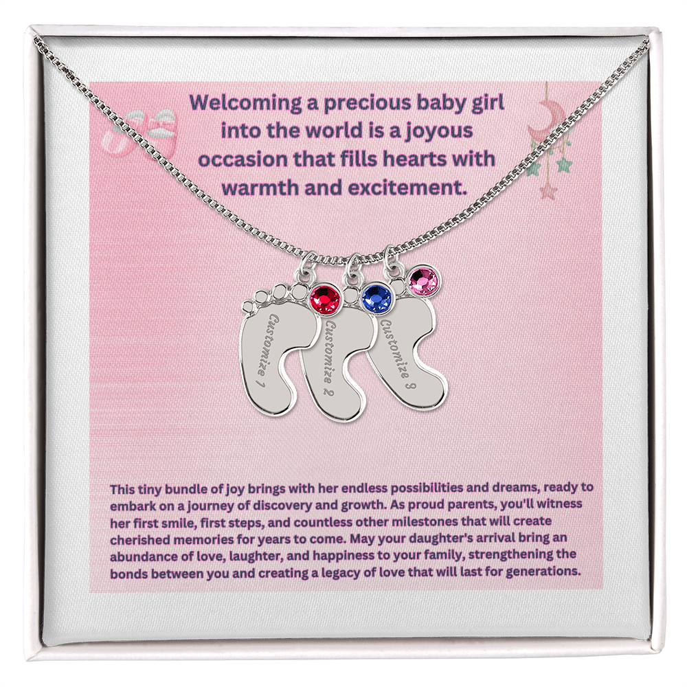 Personalized "Welcoming a Precious Baby Girl"  Custom Baby Feet Necklace with Birthstone