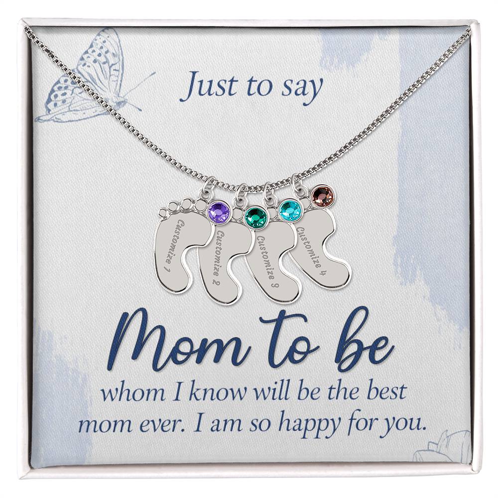 Personalized "Mom to Be" Engraved Baby Feet Necklace with Birthstone