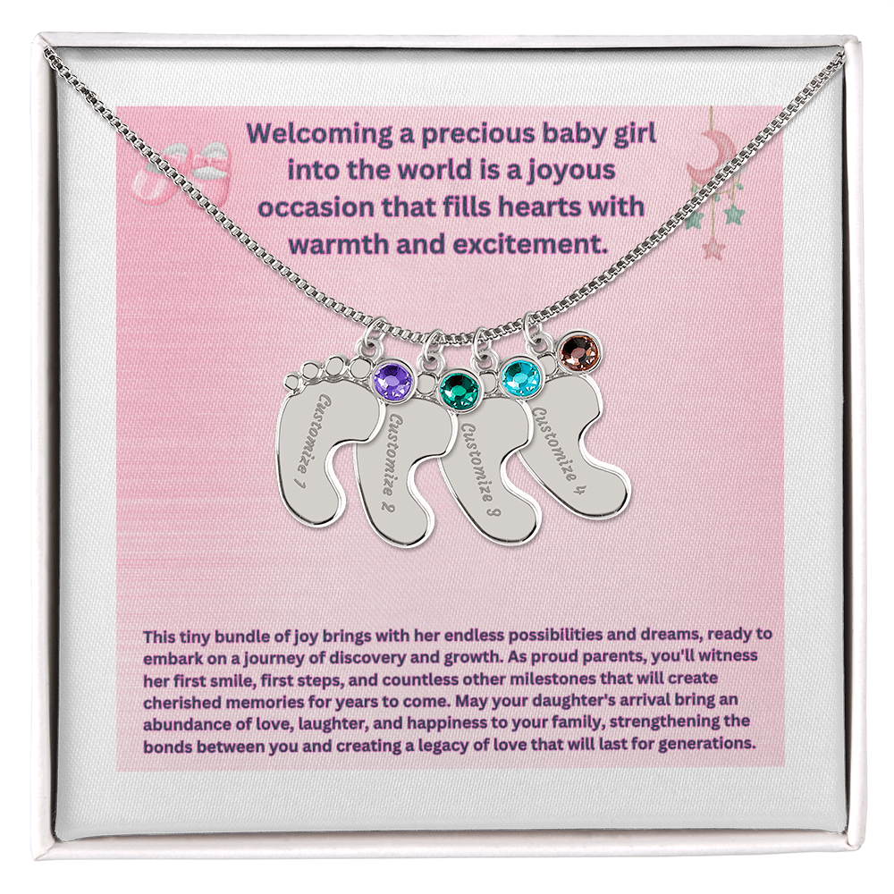 Personalized "Welcoming a Precious Baby Girl"  Custom Baby Feet Necklace with Birthstone