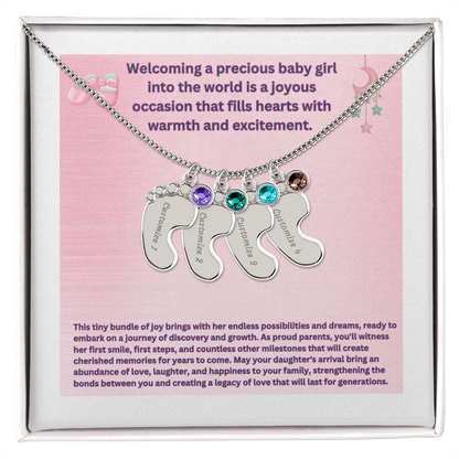 Personalized "Welcoming a Precious Baby Girl"  Custom Baby Feet Necklace with Birthstone