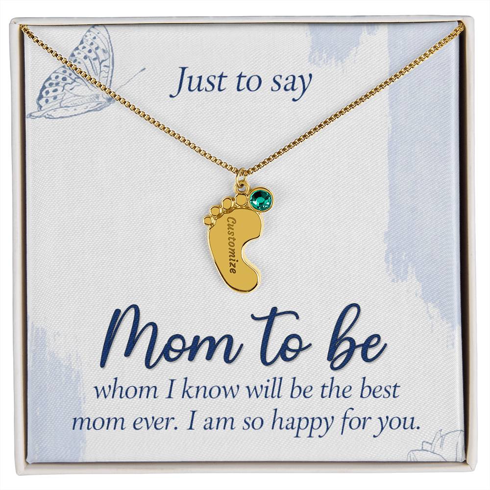 Personalized "Mom to Be" Engraved Baby Feet Necklace with Birthstone