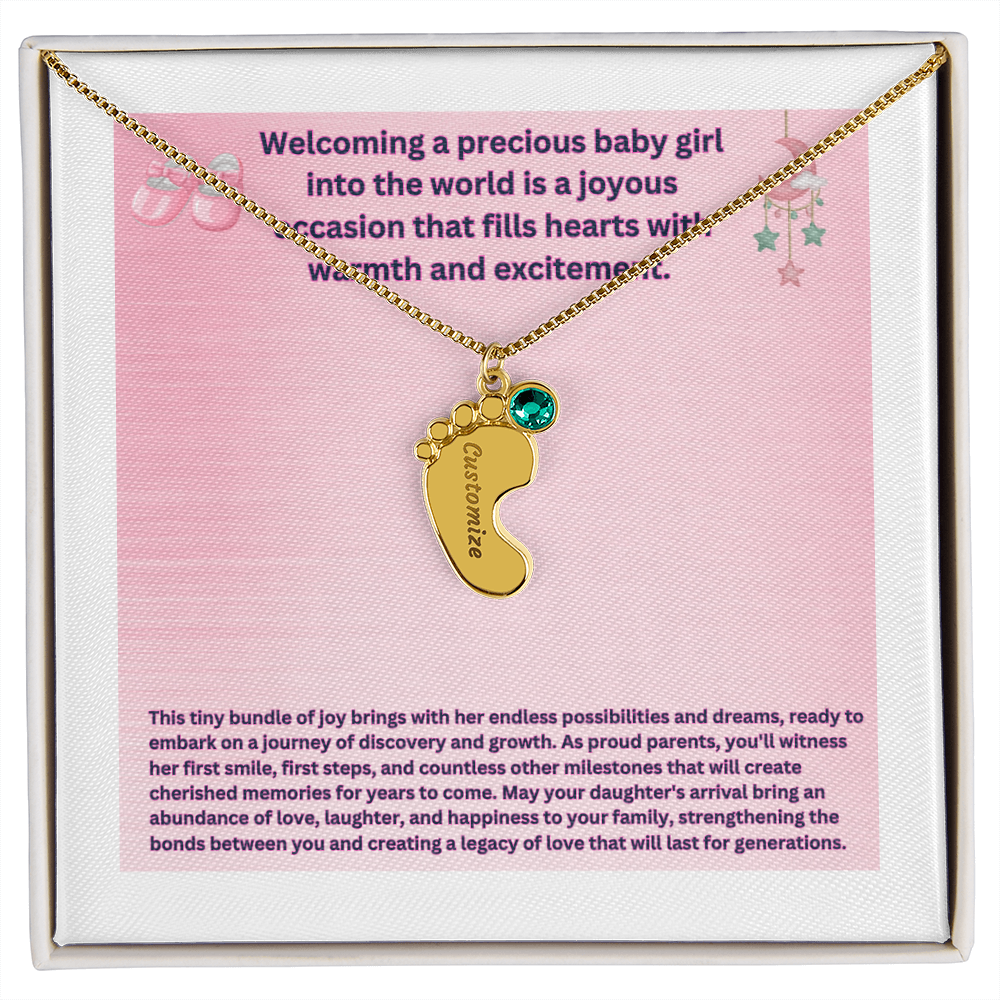 Personalized "Welcoming a Precious Baby Girl"  Custom Baby Feet Necklace with Birthstone