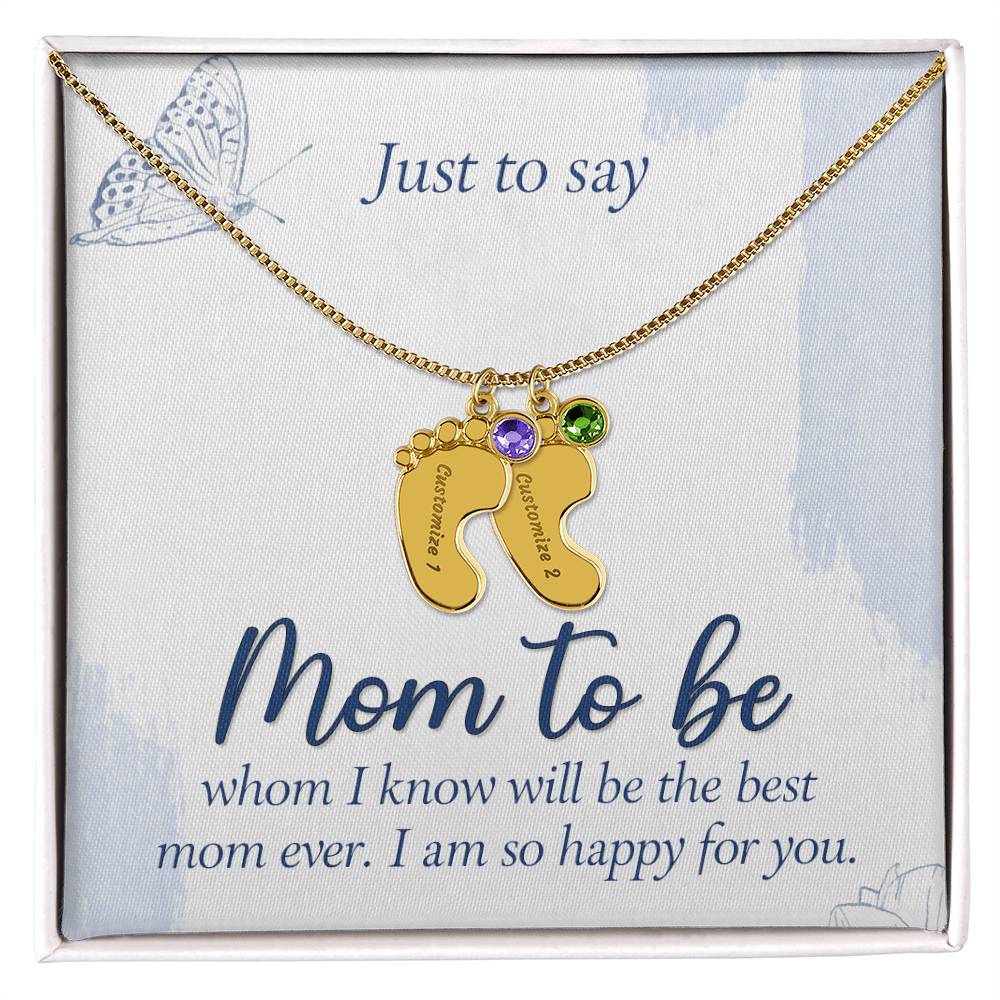 Personalized "Mom to Be" Engraved Baby Feet Necklace with Birthstone