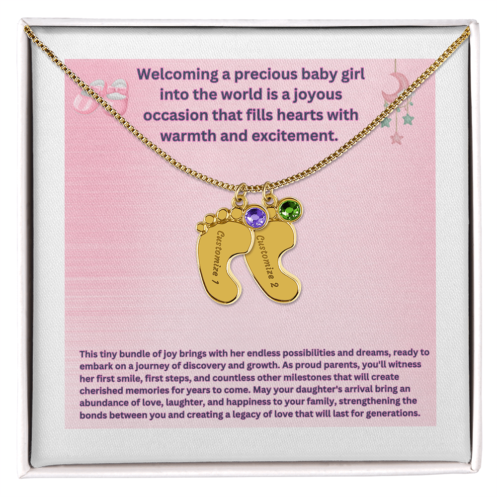 Personalized "Welcoming a Precious Baby Girl"  Custom Baby Feet Necklace with Birthstone