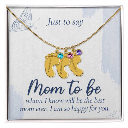 Personalized "Mom to Be" Engraved Baby Feet Necklace with Birthstone