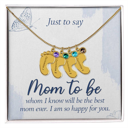 Personalized "Mom to Be" Engraved Baby Feet Necklace with Birthstone