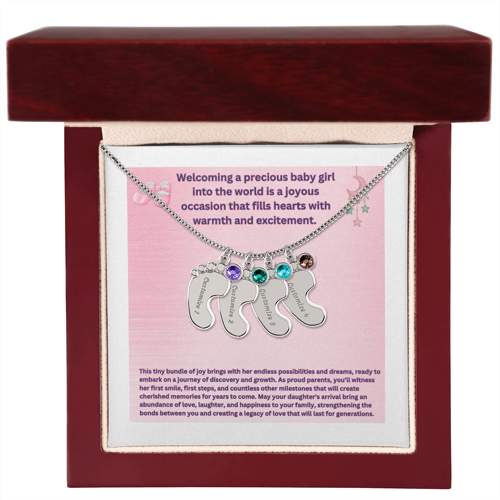 Personalized "Welcoming a Precious Baby Girl"  Custom Baby Feet Necklace with Birthstone