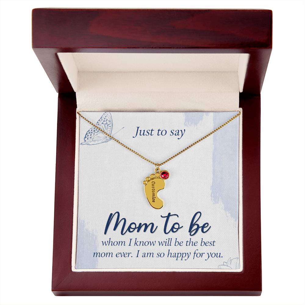 Personalized "Mom to Be" Engraved Baby Feet Necklace with Birthstone